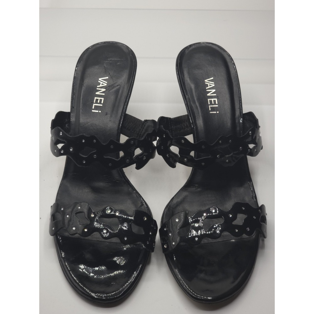 Van Eli black patent leather slip-on heels decorative cut-out straps Size 8.5 M